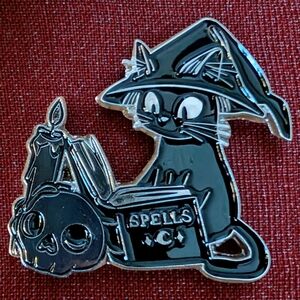 Witch Cat Reading Spells Enamel Pin - Black & Silver